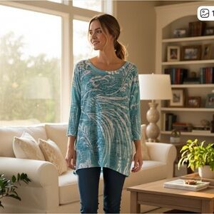 Before+Again Teal Long Sleeve Women's Shirt M Boho Artsy Festival Casual Unique